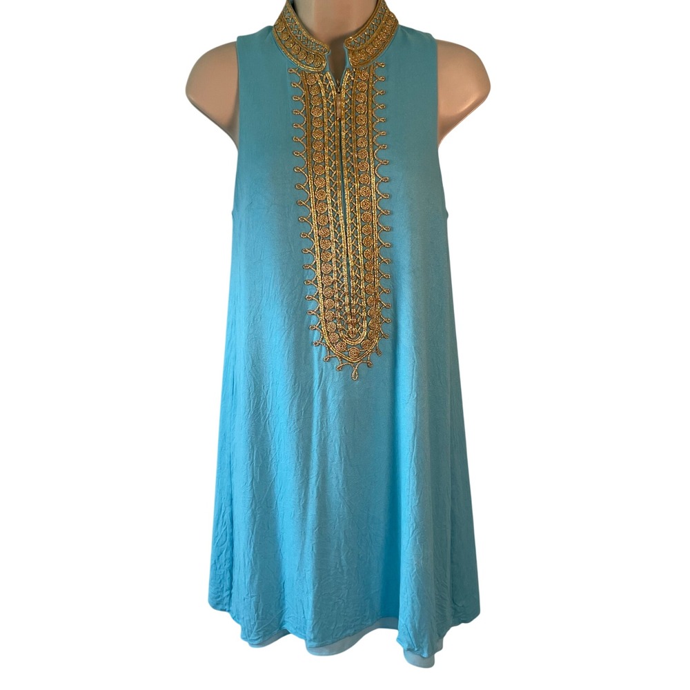 Lilly Pulitzer Women's Jane Shift Dress Size 2 Turquoise Gold Embroidery Preppy